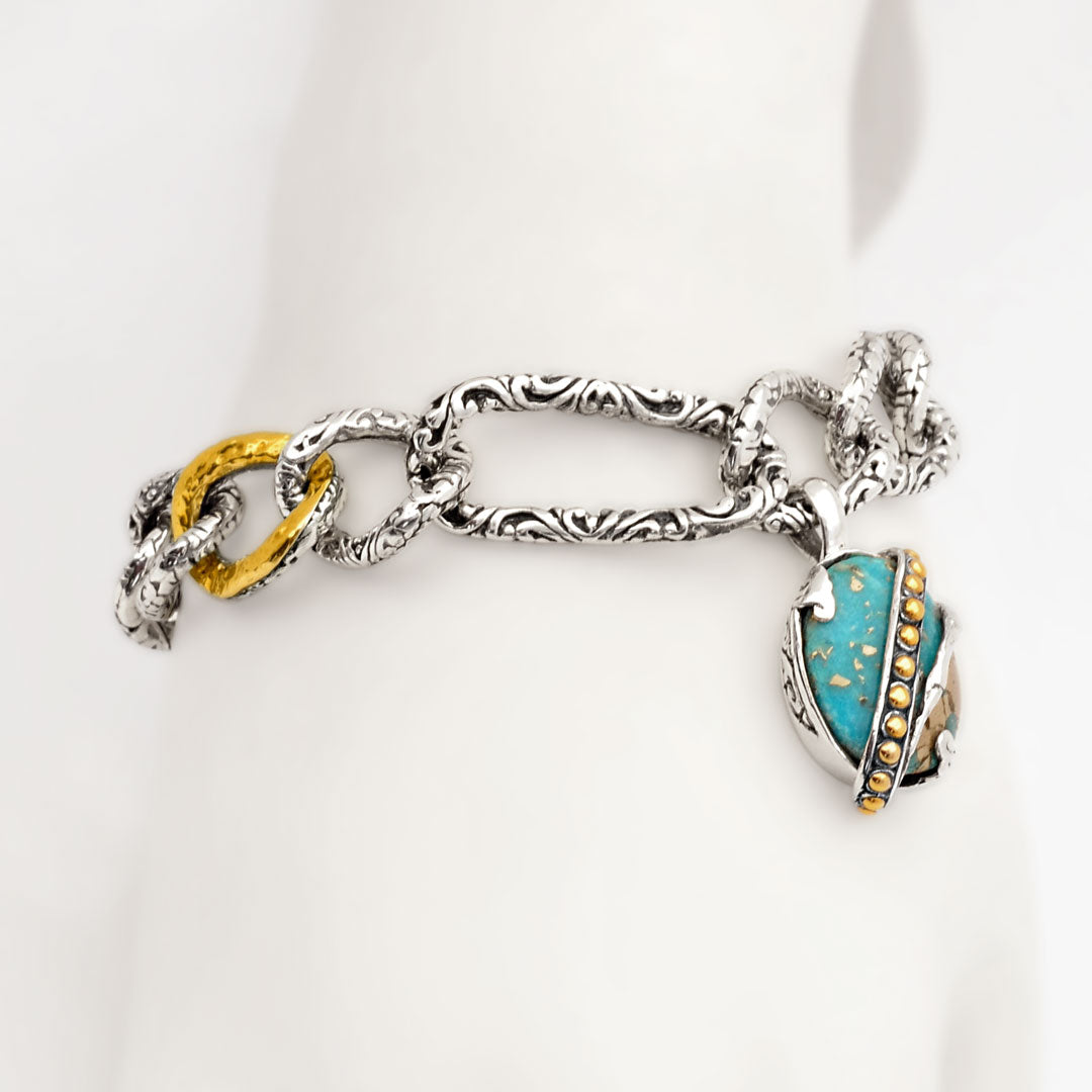 Silver gold link bracelet with turquoise charm