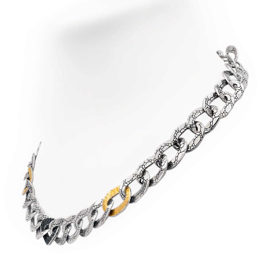 Silver & 18kt gold large link chain with blue diamond center link
