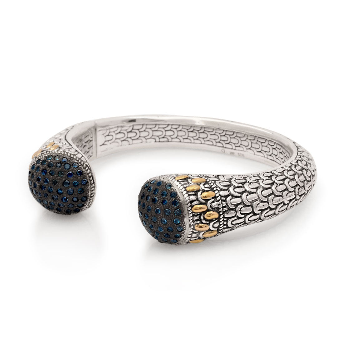 Silver gold bangle with black sapphires