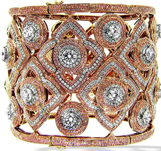 18 kt Rose Gold 5'' wide flexible cuff bracelet with 37.98 carat natural pink and white diamonds