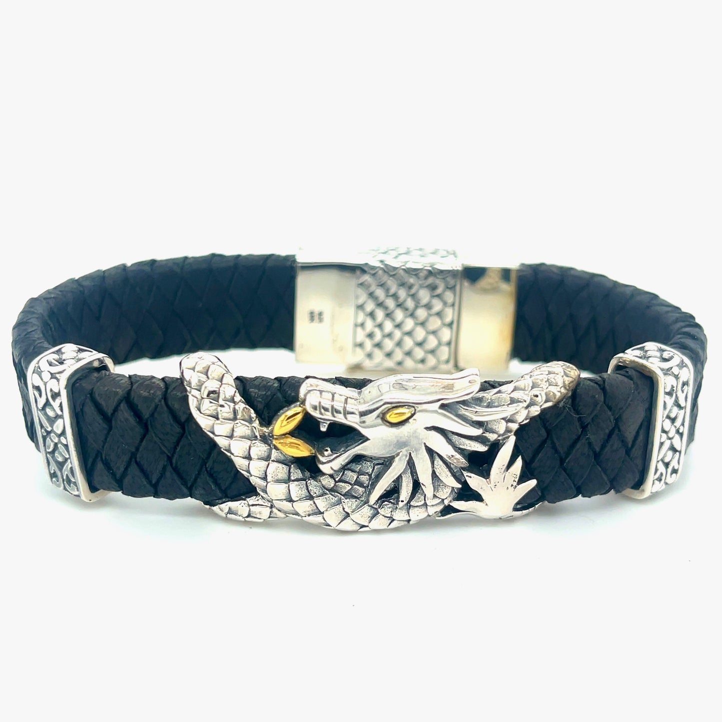 Silver, 18kt Gold and Leather Dragon bracelet