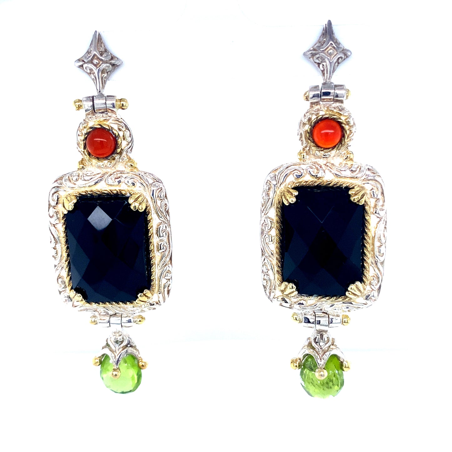 Silver onyx and coral and peridot earrings