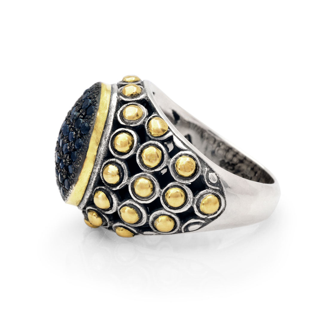 Silver gold ring with pave black sapphiers