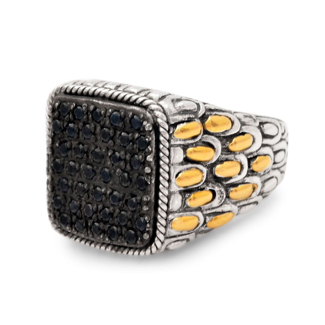 Silver gold squre ring with pave black sapphires