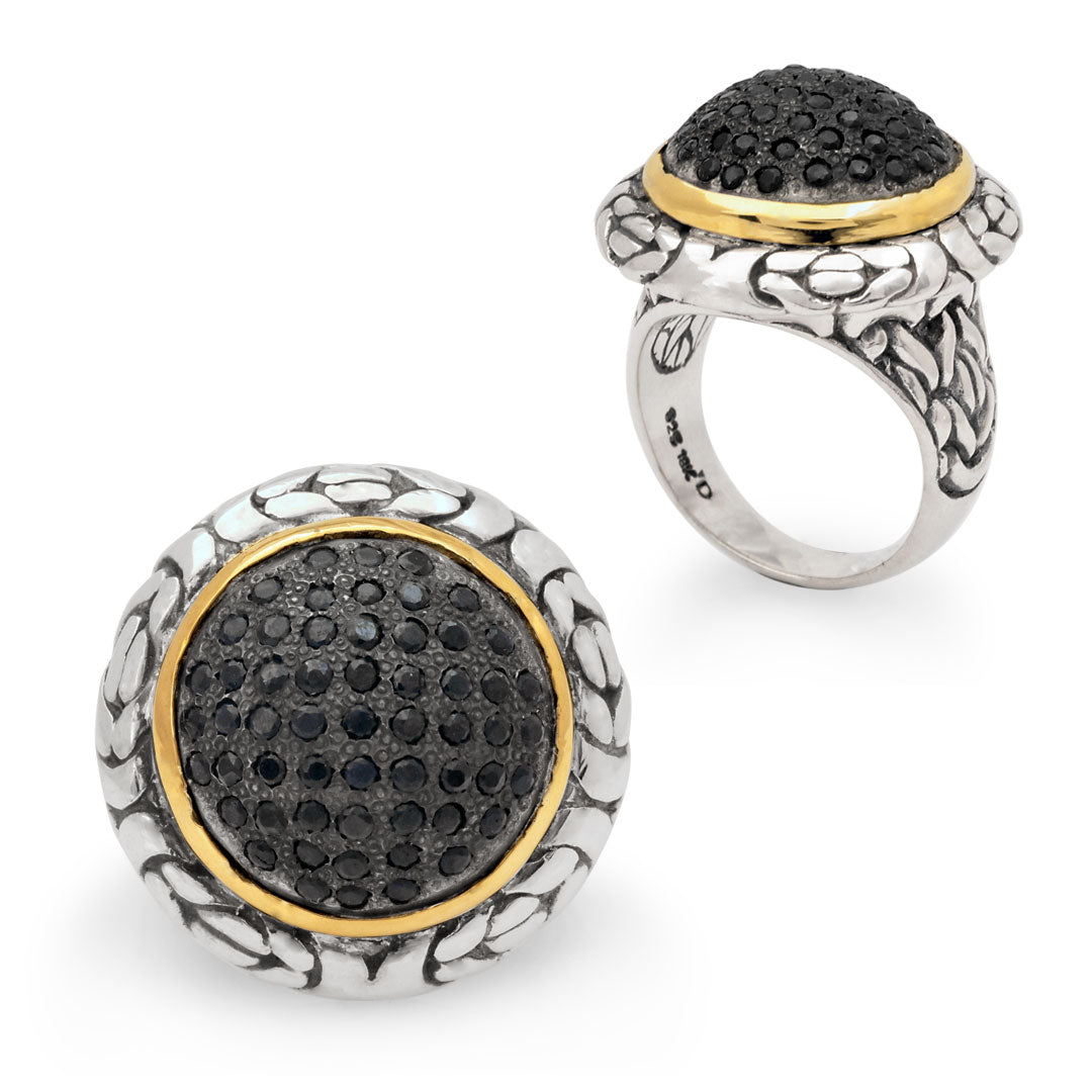 Silver gold ring with round center & black sapphires