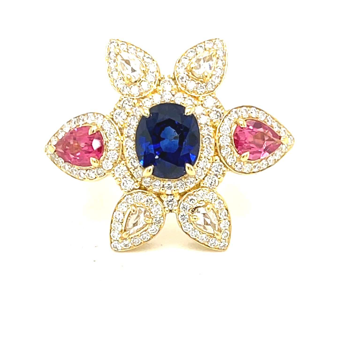 18 kt yellow gold ring oval sapphire pink spinels and rose and briliant diamonds