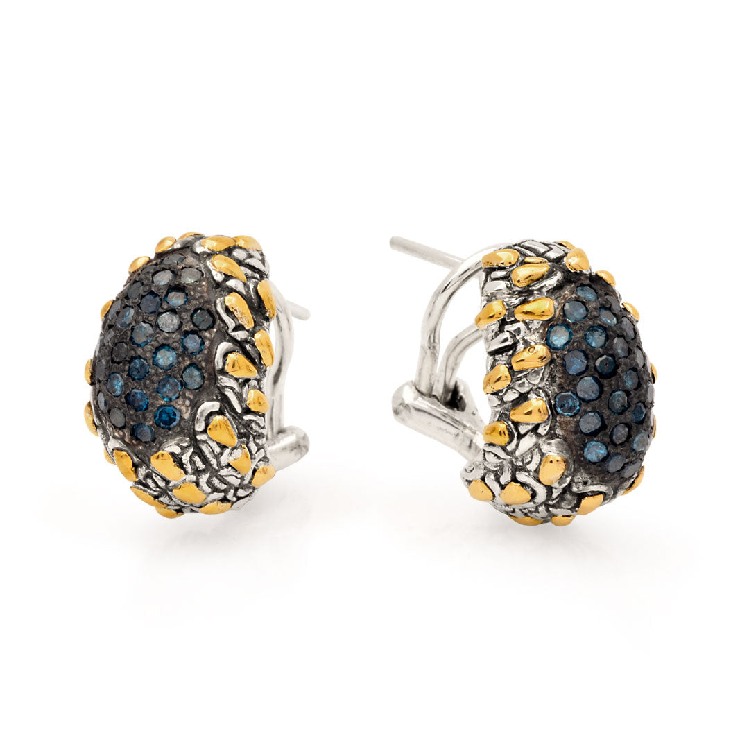 Silver gold clip on earrings with blue diamonds