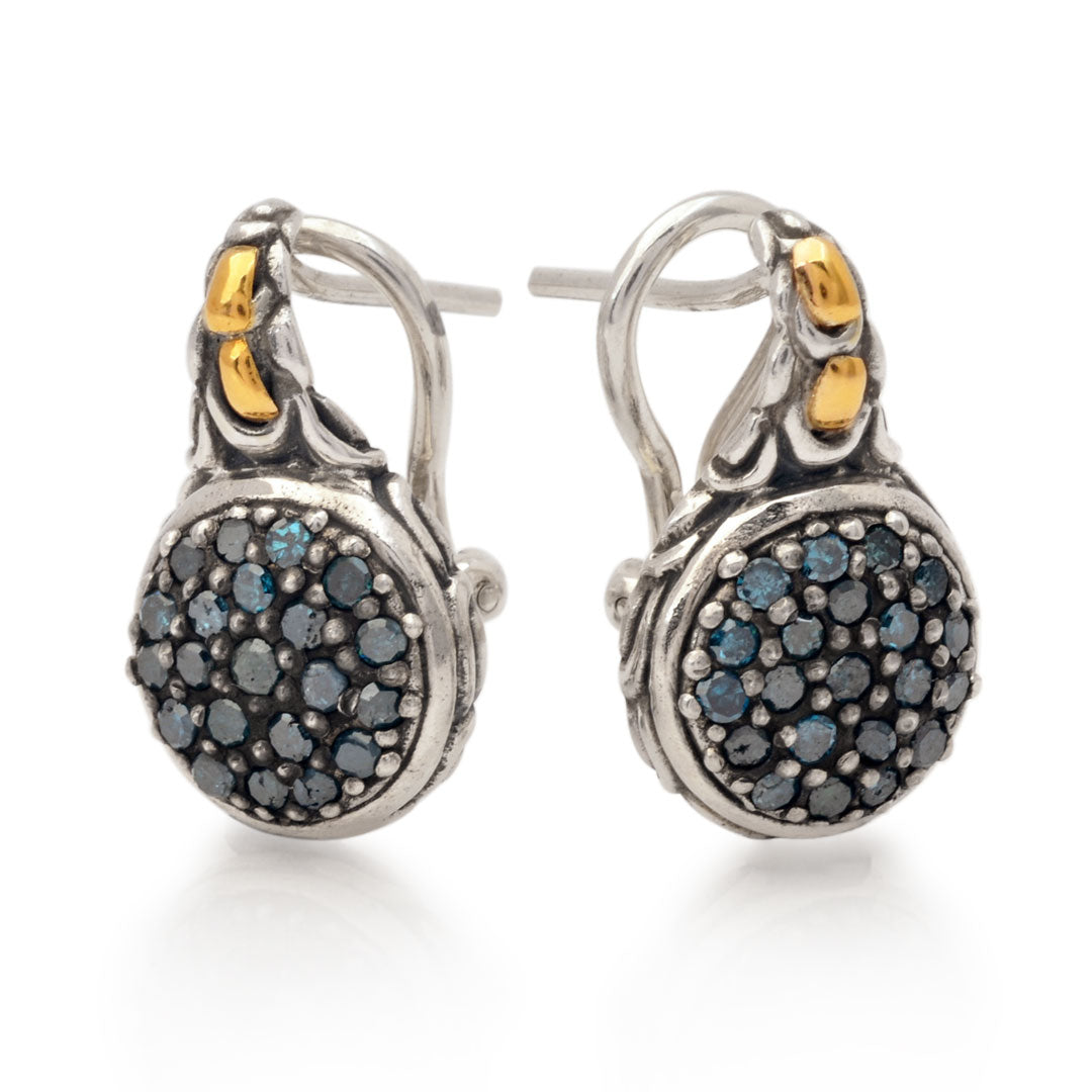 Silver gold hanging earrings with pave blue diamonds