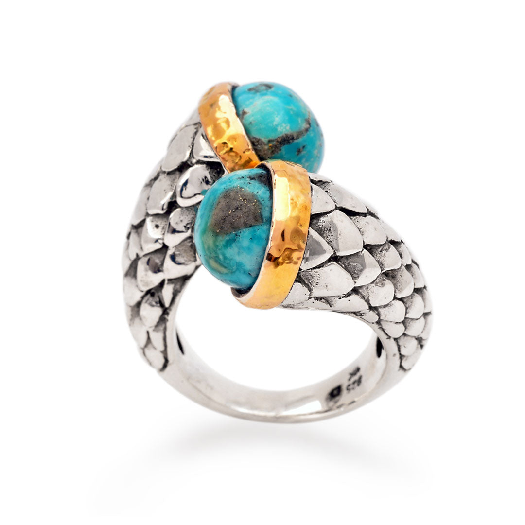 Silver gold turquoise double twist ring