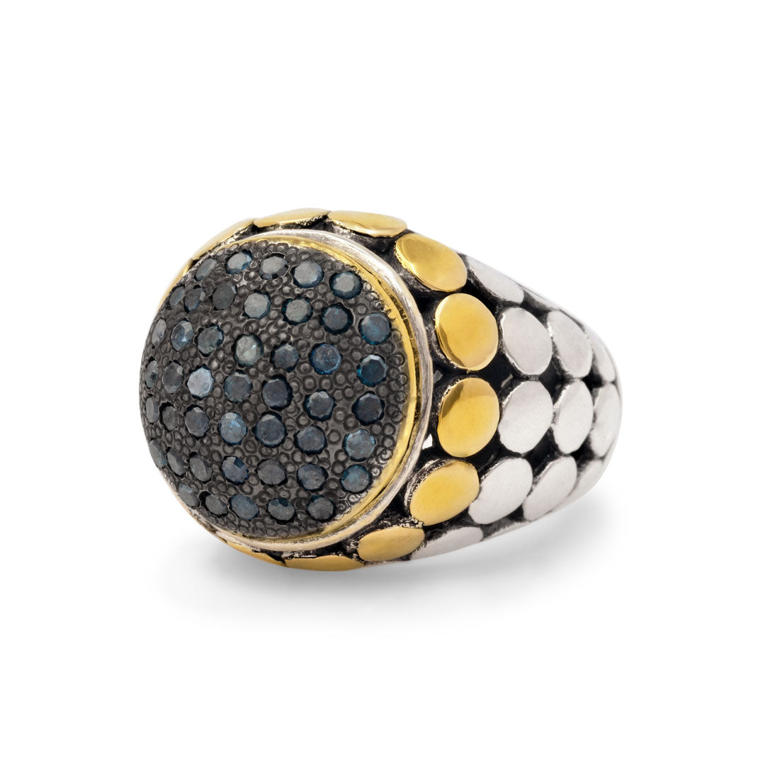 Silver gold ring with pave blue diamond center