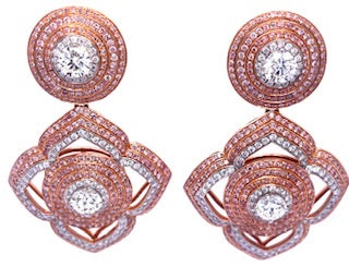 18kt rose gold earrings with pink and white diamonds. Call for price.
