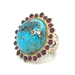 Turquoise ring with silver and garnets