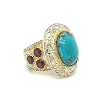 Silver ring with garnets and turquoise