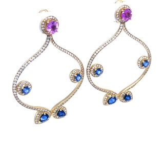 18kt gold earrings with pink and blue sapphires with diamonds