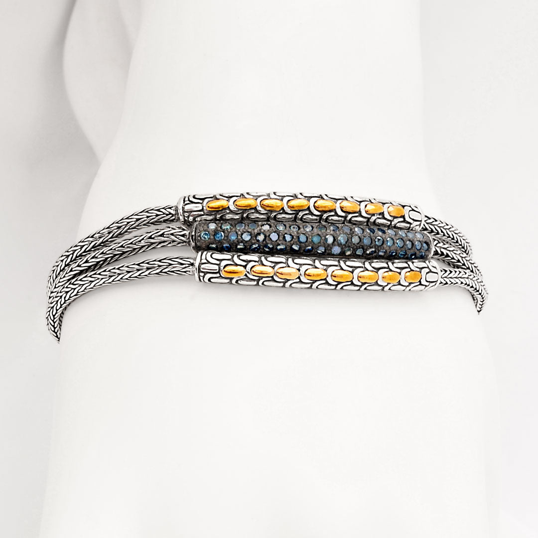 Silver gold 2 row chain bracelet with blue diamonds