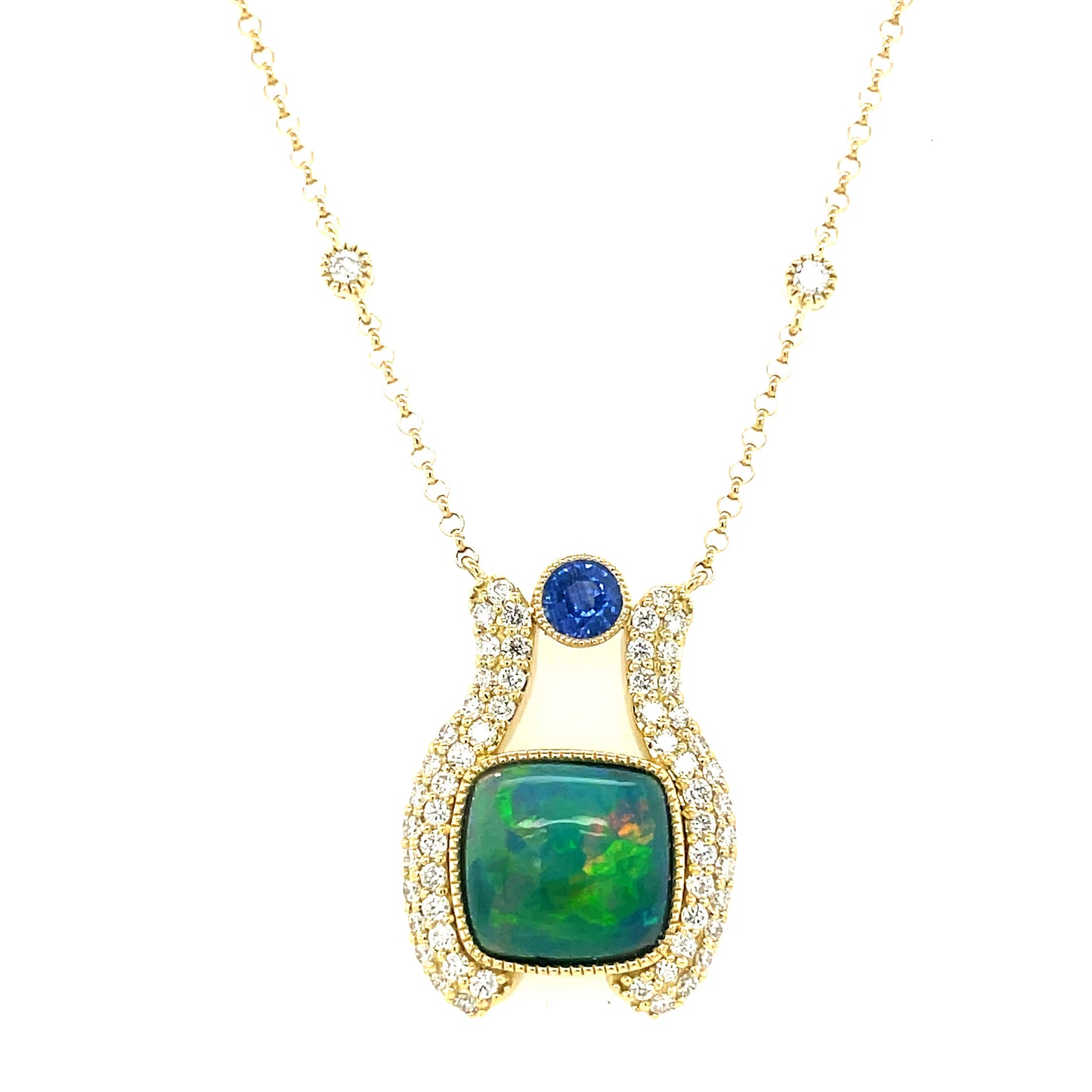 18 kt yellow gold necklace with Opal, sapphires and diamonds