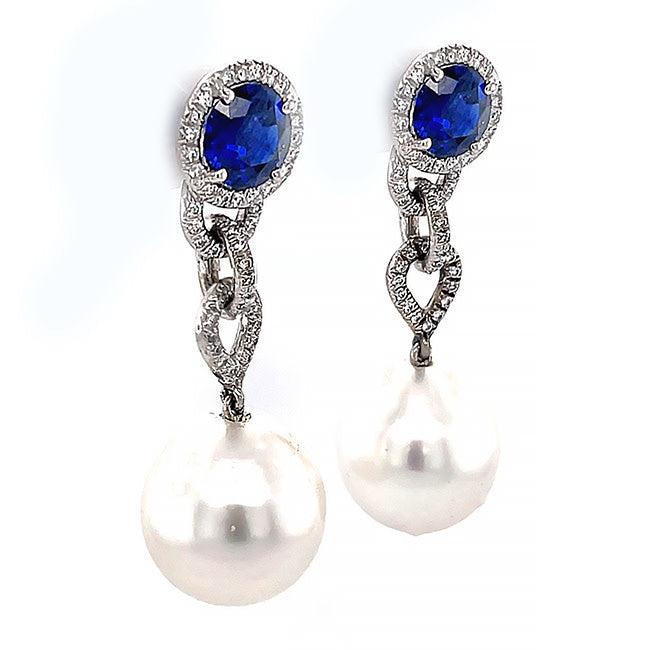 18 kt hanging earrings with sapphires and pearls