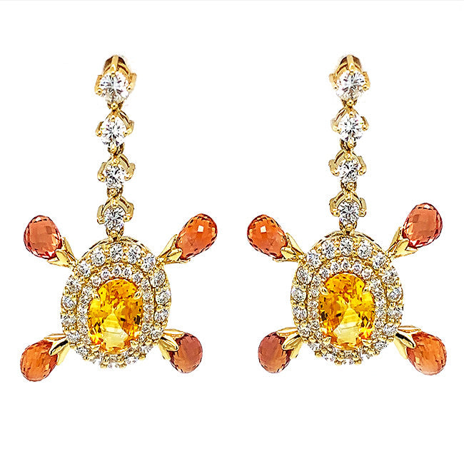 18 kt yellow gold dangling earrings with yellow and orange briollete cut sapphires