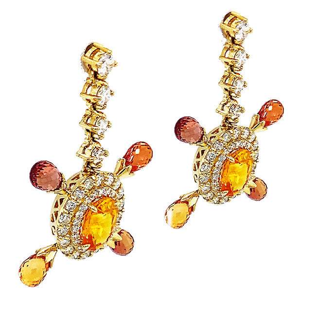 18 kt yellow gold dangling earrings with yellow and orange briollete cut sapphires