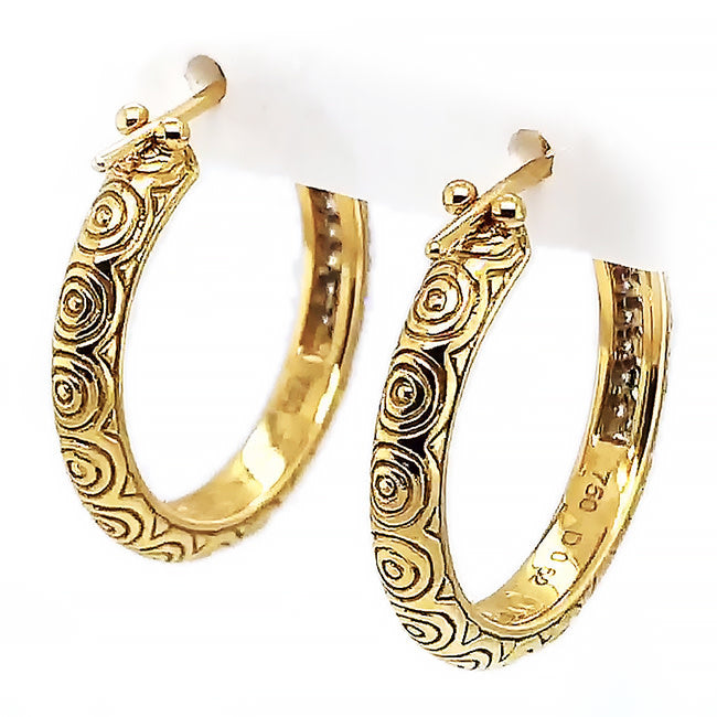 18 ct gold hoop earrings with Celtic carvings and pave diamonds