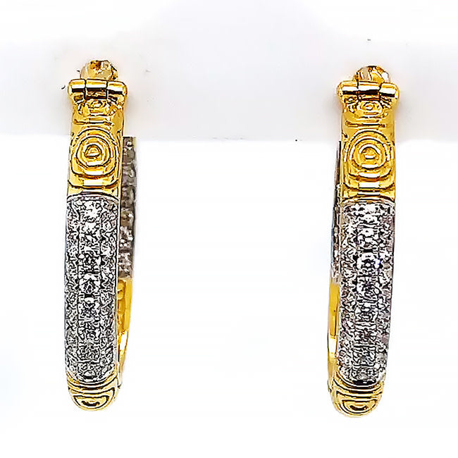 18 ct gold hoop earrings with Celtic carvings and pave diamonds