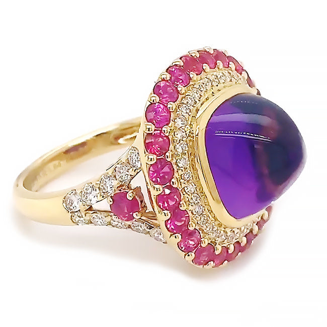 18 kt yellow gold ring with cabochon amethyst& Ruby’s and Diamonds