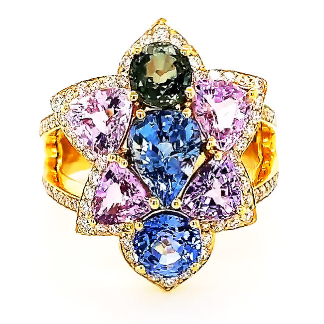 18 kt yellow gold ring with natural color sapphires & diamonds