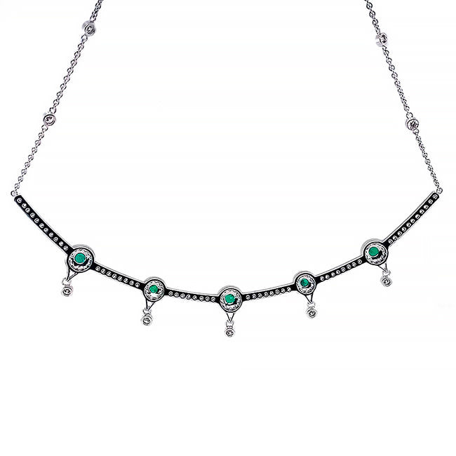 18 kt gold delicate necklace with emeralds and diamonds