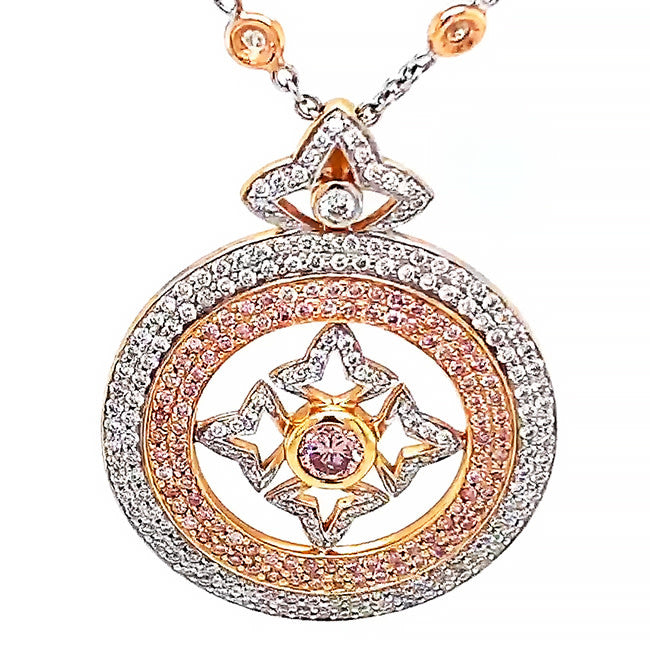18 kt Rose gold & white gold necklace with natural pink diamond center and pink and white diamonds