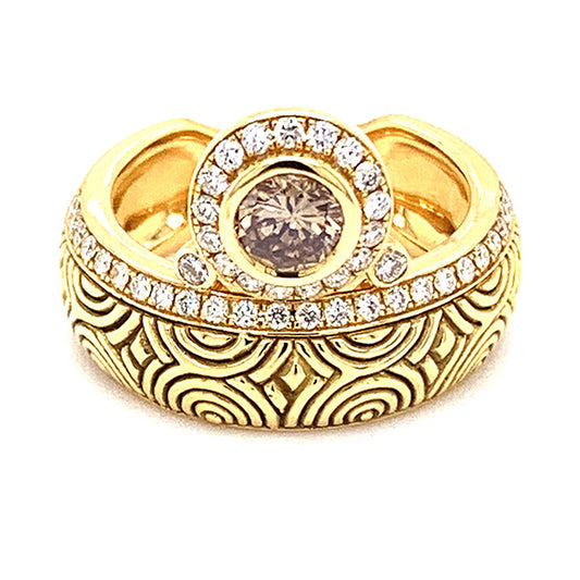 18 kt yellow gold ring with Celtic carving Cognac dolor diamond center and pave diamonds