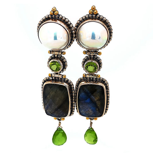 Pearl & Onyx & Emerald Silver Earrings