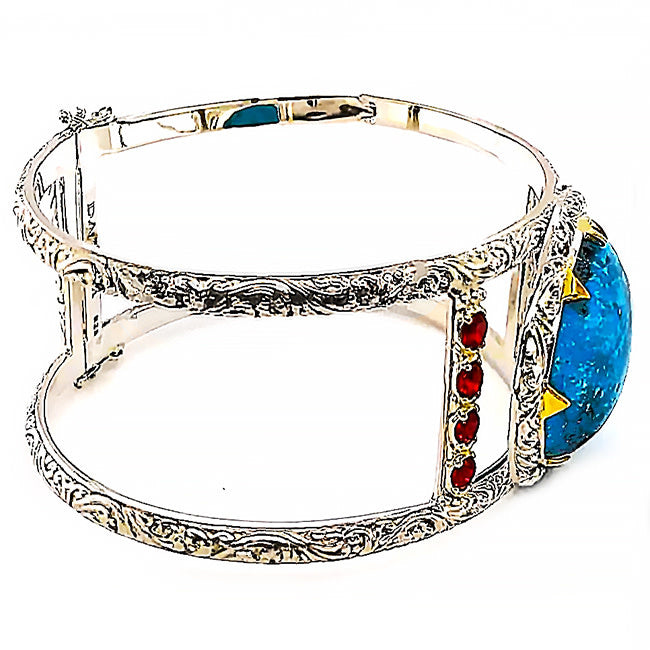Silver and Persian Turquoise & Garnet  Bangle Bracelet