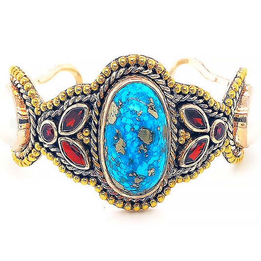 Silver& 18 kt gold  Bangled Bracelet with Persian Turquoise & Pearls  & Garnets Silver