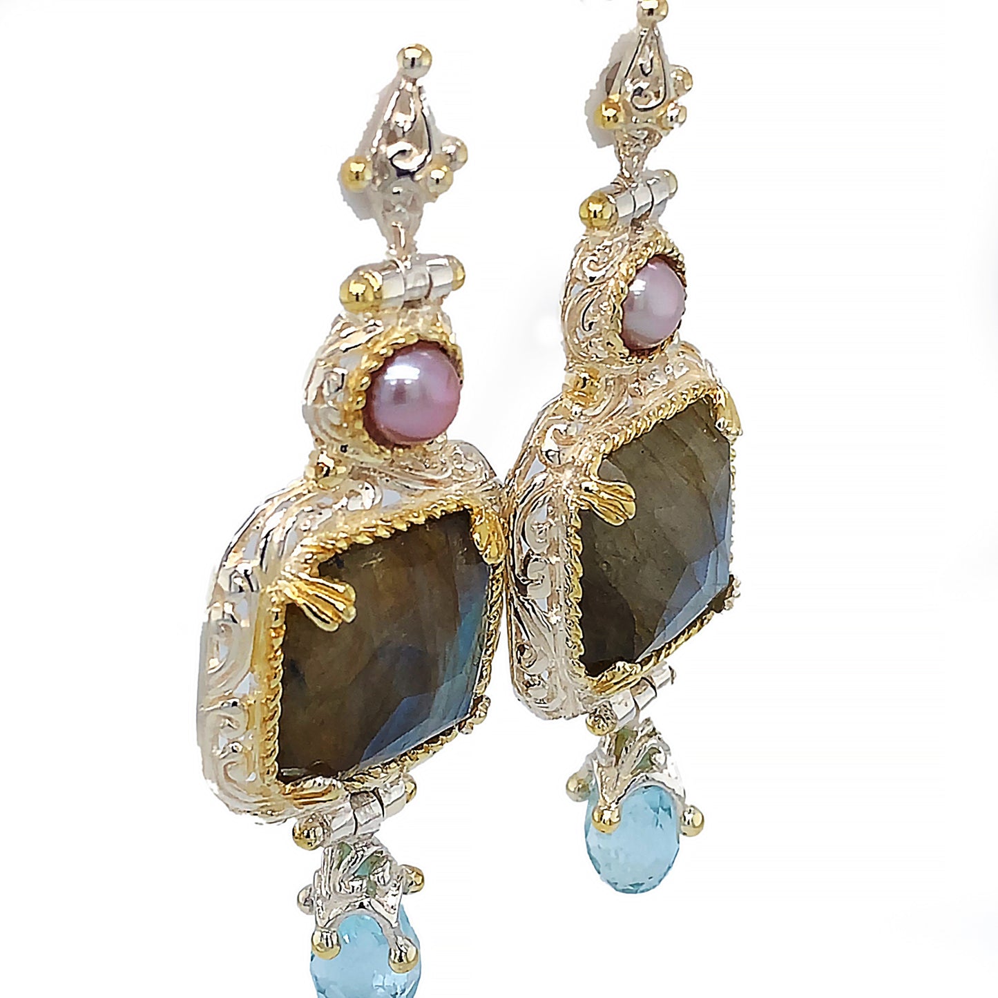 Pearl & Labradorite & Aqua Silver Earrings