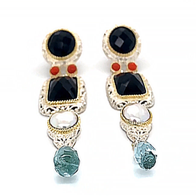 Onyx & Pearl & Aqua Silver Earrings
