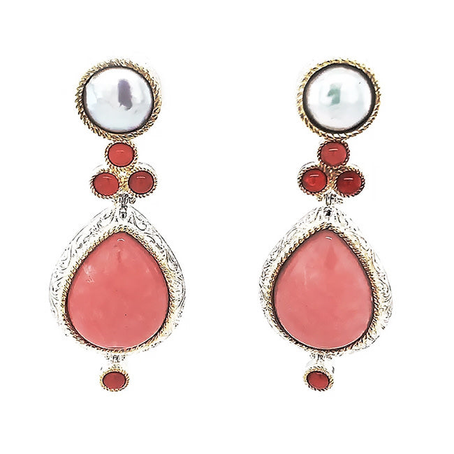 Pink Coral & Pearl  Silver Earrings