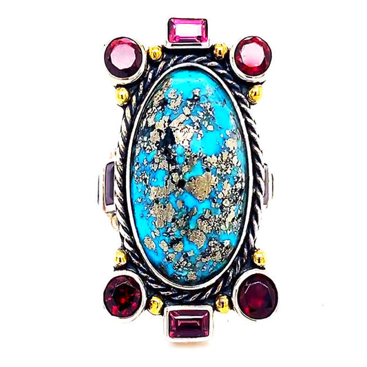 large Silver ring with Persian Turquoise & Garnets & Turmaline size 7
