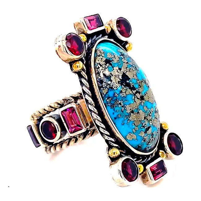 Silver ring with Persian Turquoise & Garnets & Turmaline