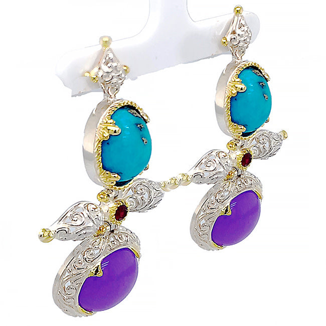 Persian Turquoise & Lavender Agate & Garnet Silver Earrings