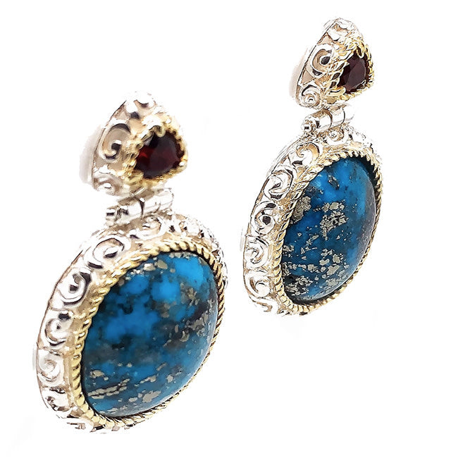 Turquoise & Garnet Silver and 18 Kt Gold Earrings