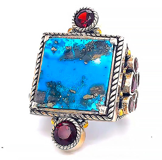 Silver ring with Persian Turquoise & Garnets