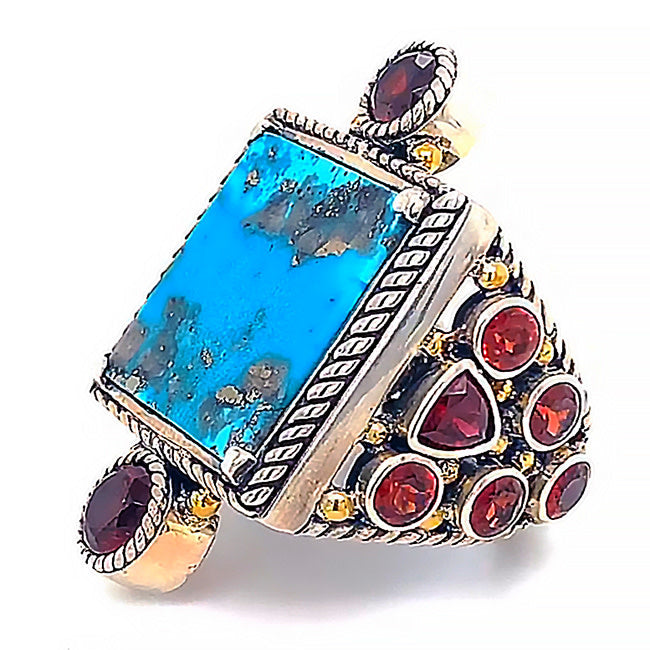 Large Silver ring with Persian Turquoise & Garnets size 7