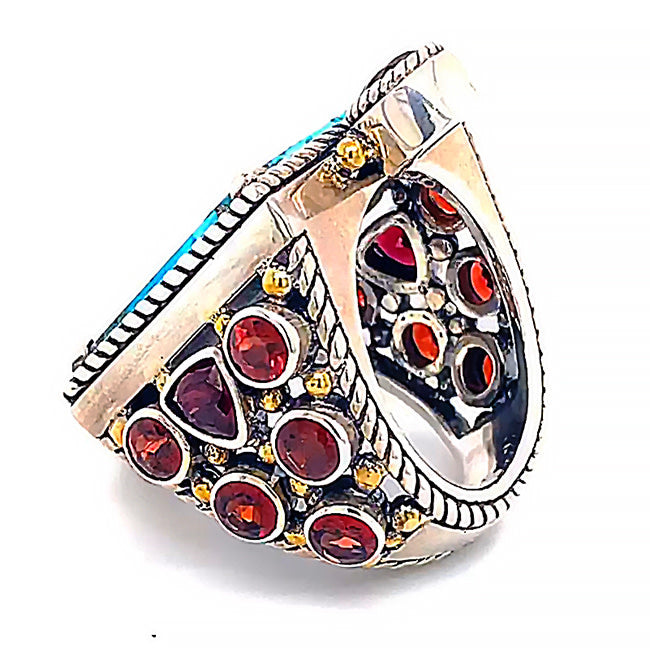 Large Silver ring with Persian Turquoise & Garnets size 7