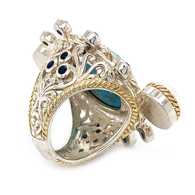 Silver & 18 kt Gold Ring With Large Persian Turquoise & Pearls & Sapphires