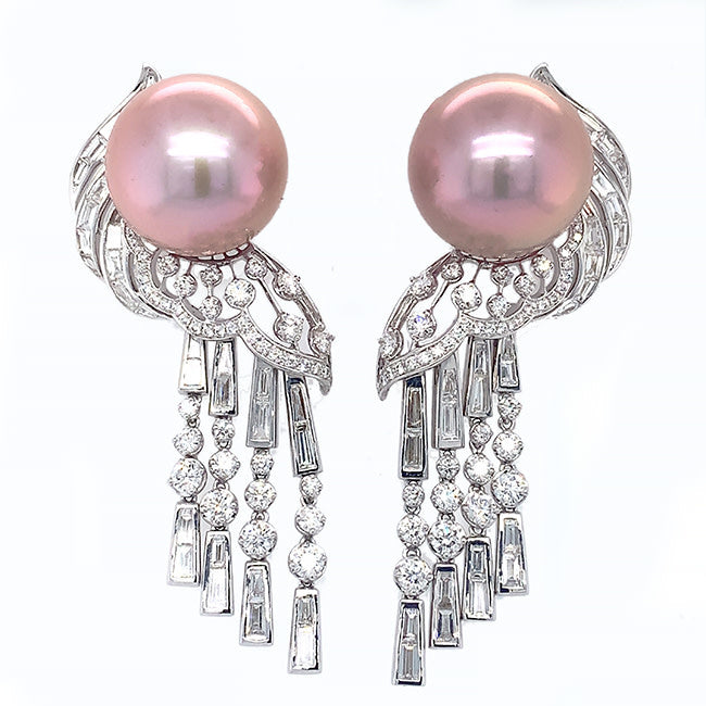 18 kt white gold hanging earrings with Lavender South Seas Pearls & Diamonds