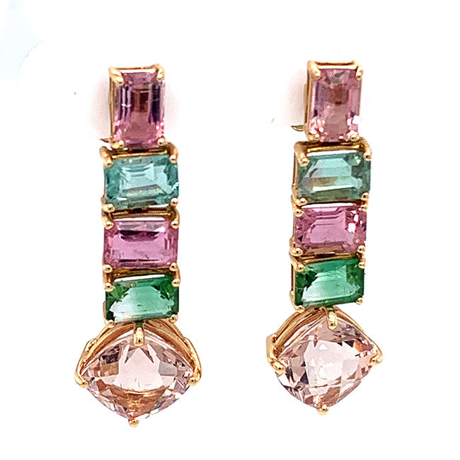 Mint4.88ct & Pink Turmaline 4.77ctvMorganiteGold Earrings 18 kt